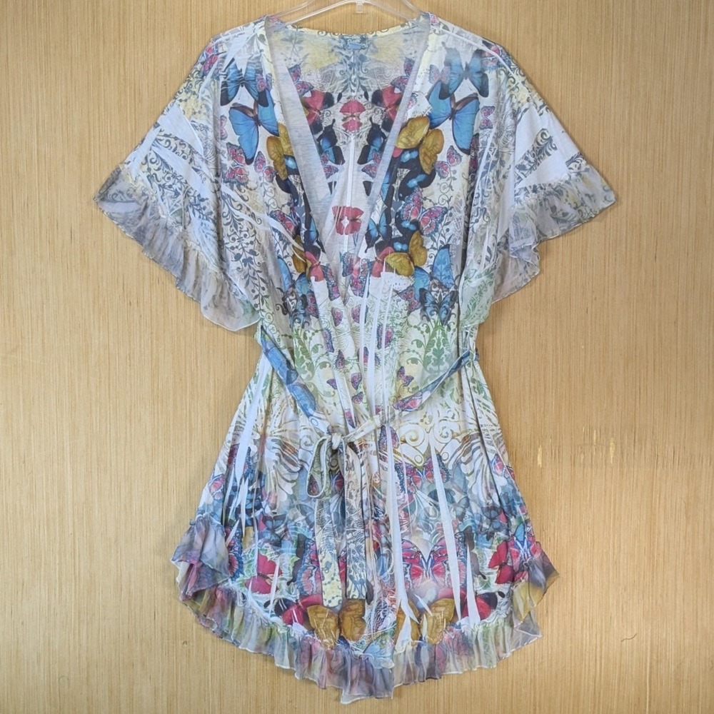 Y2K Boho Fairy Butterfly Print Whimsigoth Ruffle Robe Nightgown Size XL Colorful